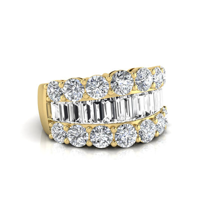 Wide band lab grown diamond ring featuring baguette cut diamonds framed by round brilliant diamonds in yellow gold.