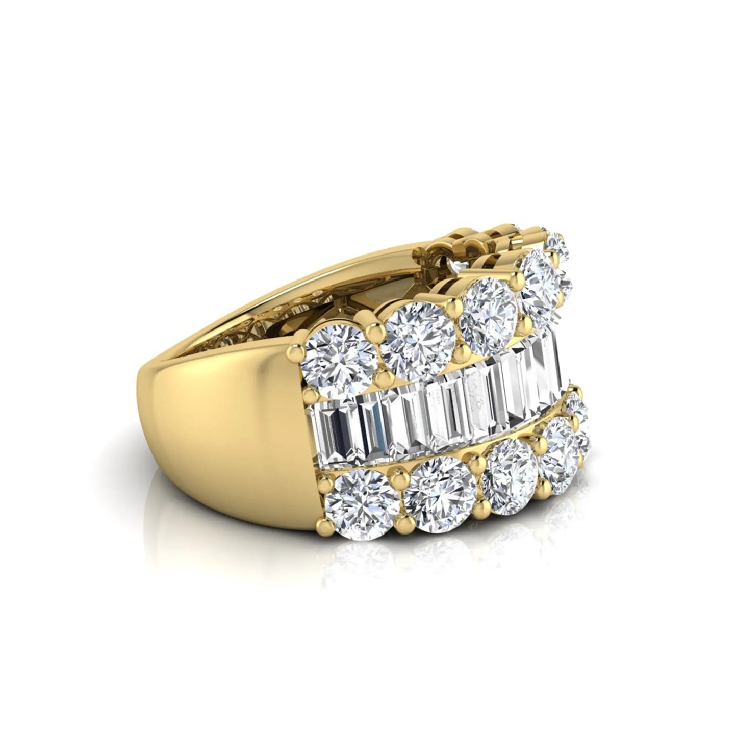 Wide band lab grown diamond ring featuring baguette cut diamonds framed by round brilliant diamonds in yellow gold.