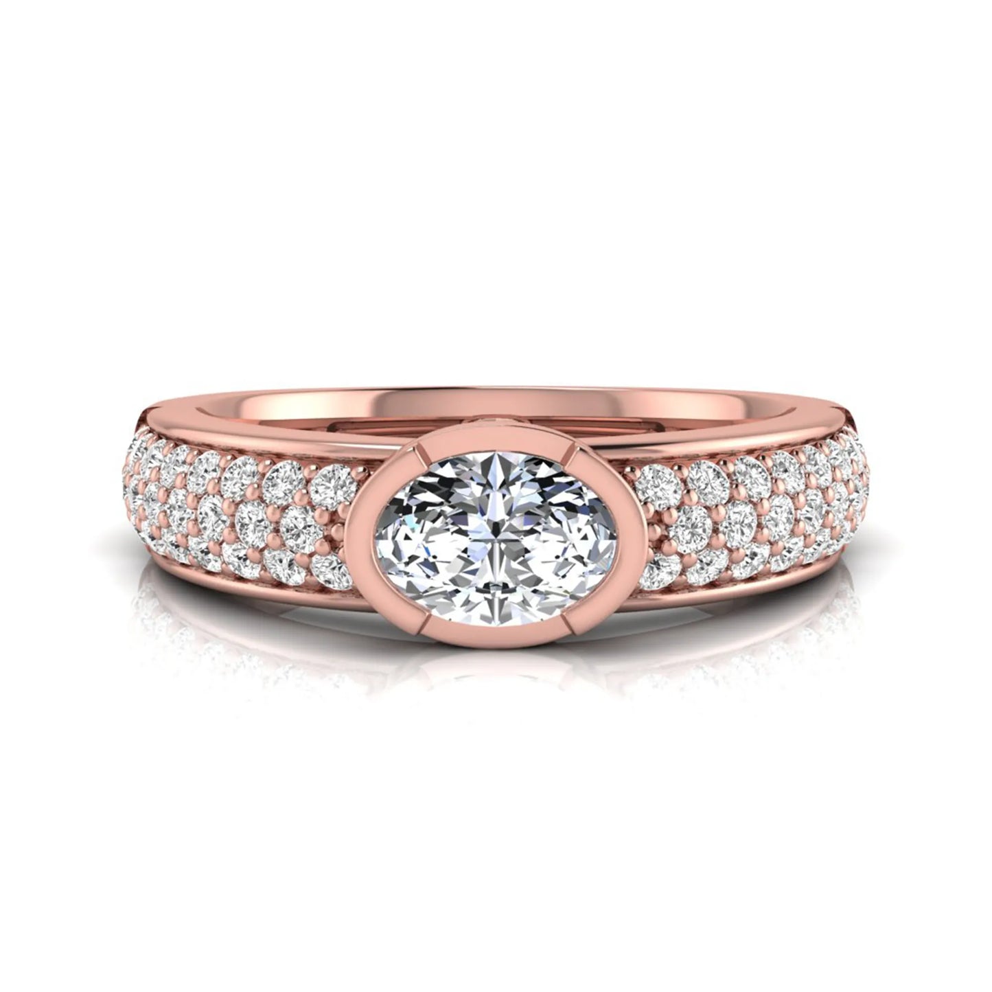 Bezel set oval lab grown diamond engagement ring featuring a 0.52 carat oval center diamond with pavé round diamond band in rose gold.