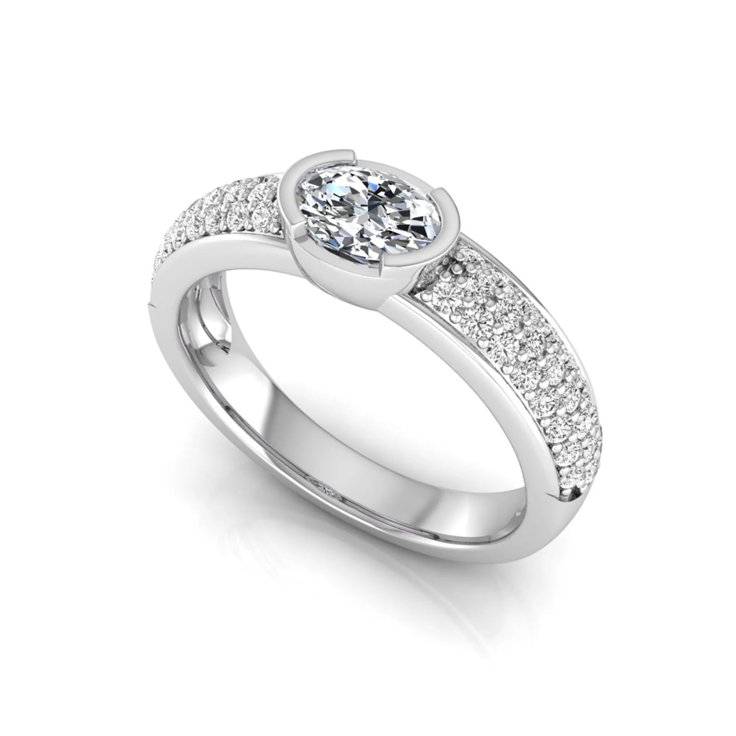 Bezel set oval lab grown diamond engagement ring featuring a 0.52 carat oval center diamond with pavé round diamond band in white gold.