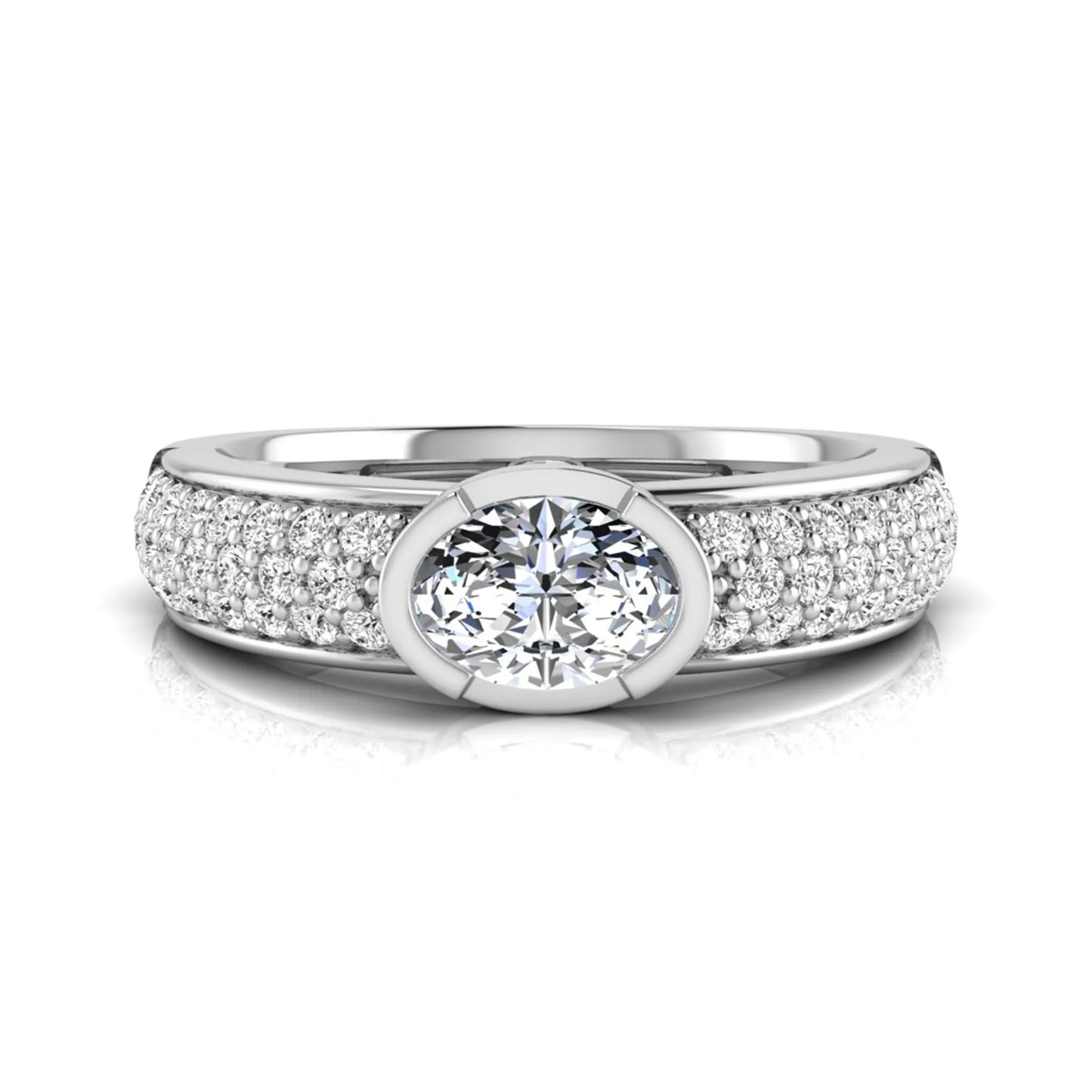 Bezel set oval lab grown diamond engagement ring featuring a 0.52 carat oval center diamond with pavé round diamond band in white gold.