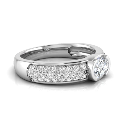 Bezel set oval lab grown diamond engagement ring featuring a 0.52 carat oval center diamond with pavé round diamond band in white gold.