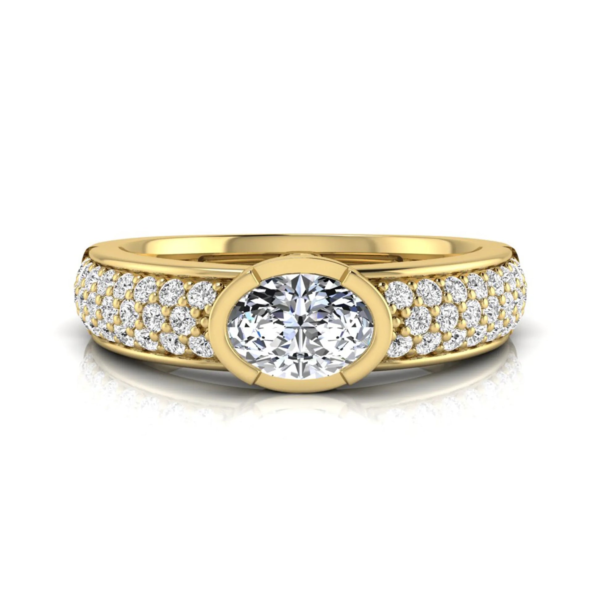 Bezel set oval lab grown diamond engagement ring featuring a 0.52 carat oval center diamond with pavé round diamond band in yellow gold.