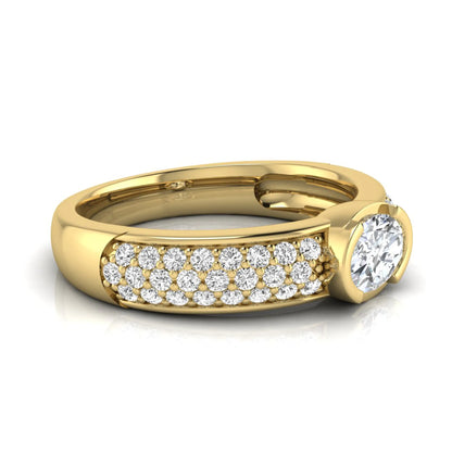 Bezel set oval lab grown diamond engagement ring featuring a 0.52 carat oval center diamond with pavé round diamond band in yellow gold.