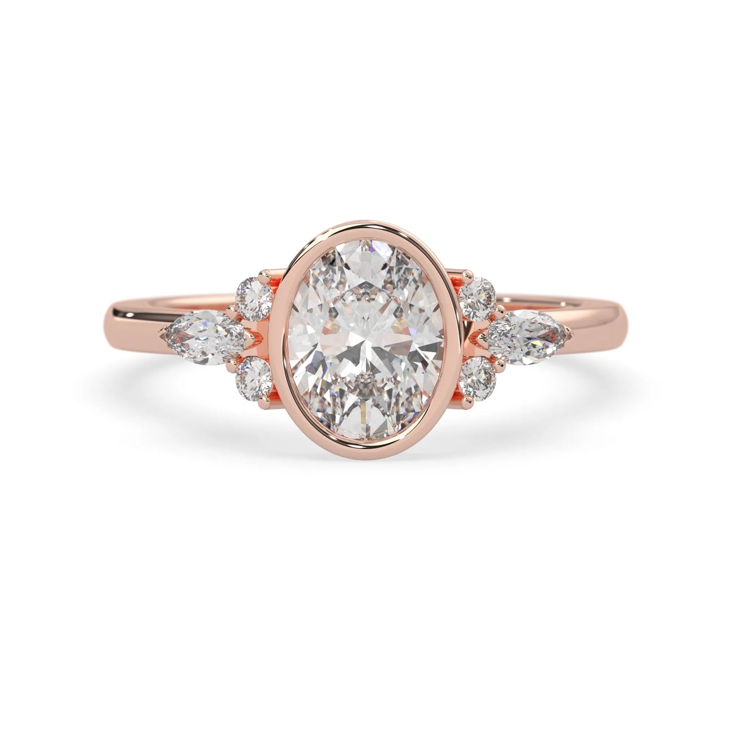 bezel set oval lab grown diamond seven stone floral engagement ring with marquise and round side diamonds in rose gold