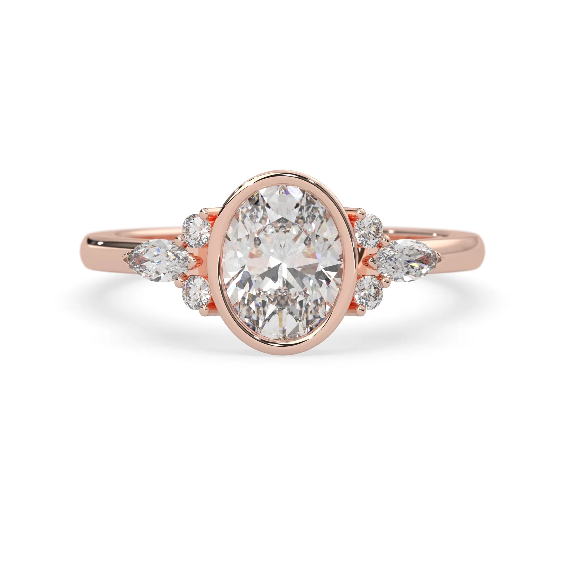 bezel set oval lab grown diamond seven stone floral engagement ring with marquise and round side diamonds in rose gold