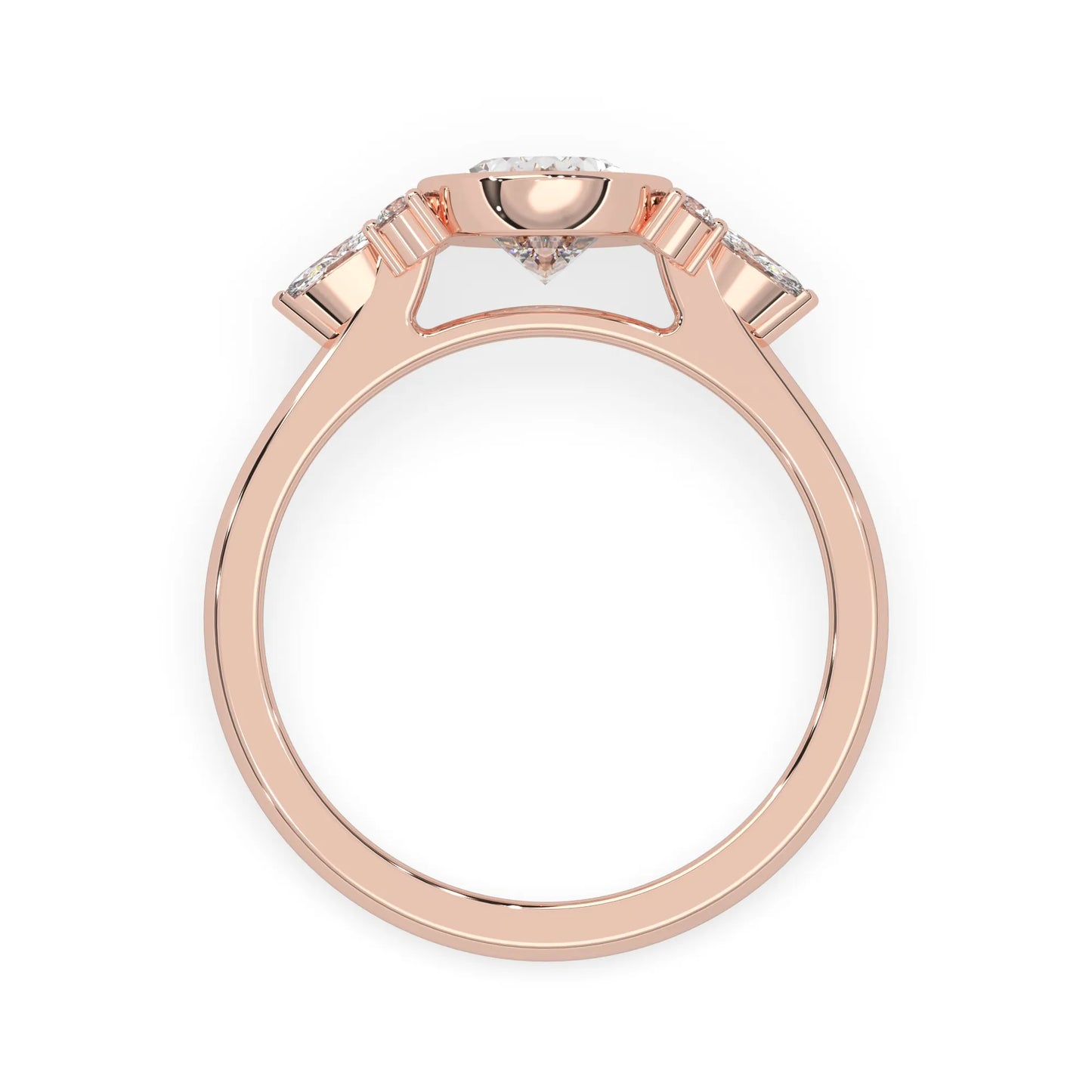 bezel set oval lab grown diamond seven stone floral engagement ring with marquise and round side diamonds in rose gold
