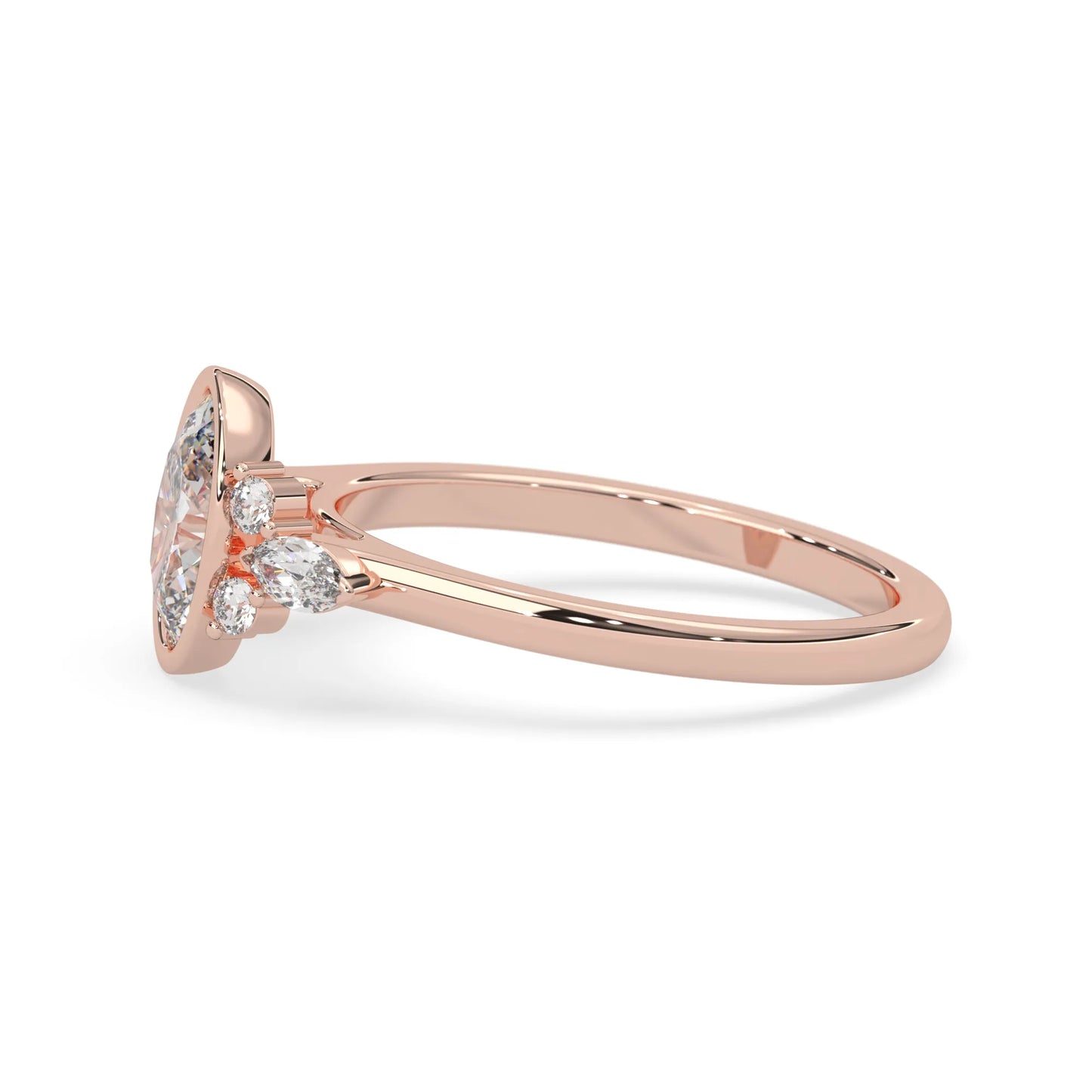 bezel set oval lab grown diamond seven stone floral engagement ring with marquise and round side diamonds in rose gold