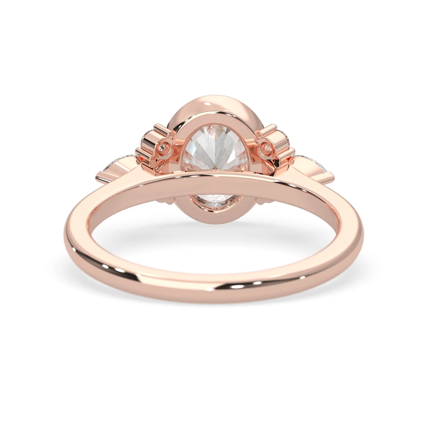 bezel set oval lab grown diamond seven stone floral engagement ring with marquise and round side diamonds in rose gold
