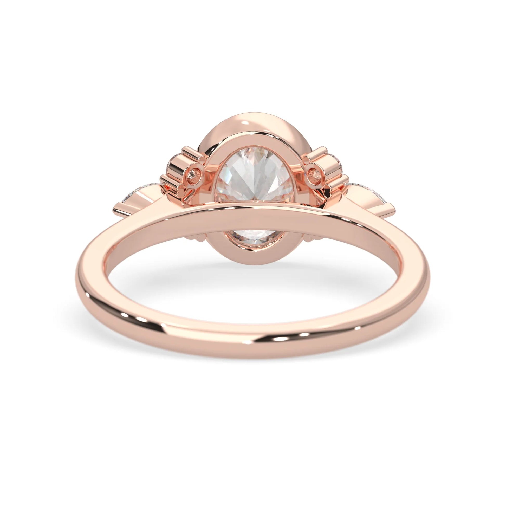 bezel set oval lab grown diamond seven stone floral engagement ring with marquise and round side diamonds in rose gold