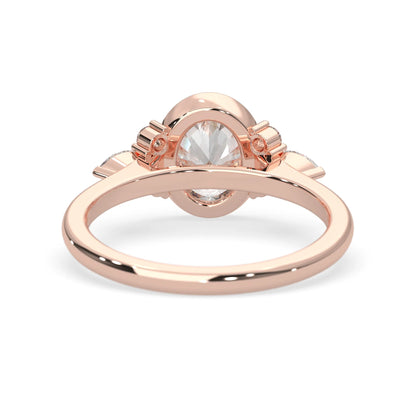 bezel set oval lab grown diamond seven stone floral engagement ring with marquise and round side diamonds in rose gold