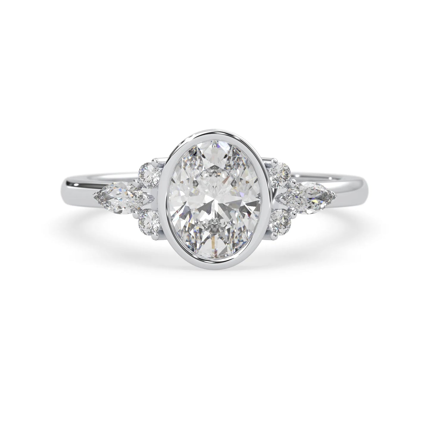 bezel set oval lab grown diamond seven stone floral engagement ring with marquise and round side diamonds in white gold