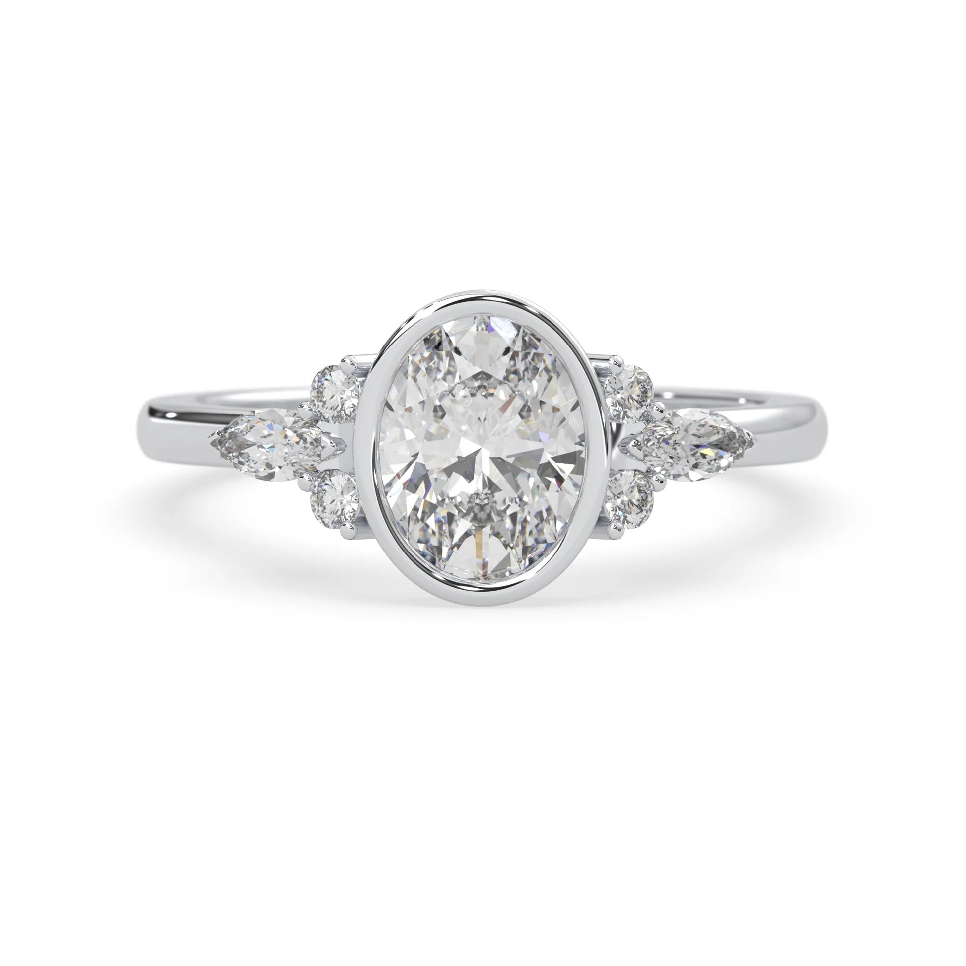 bezel set oval lab grown diamond seven stone floral engagement ring with marquise and round side diamonds in white gold