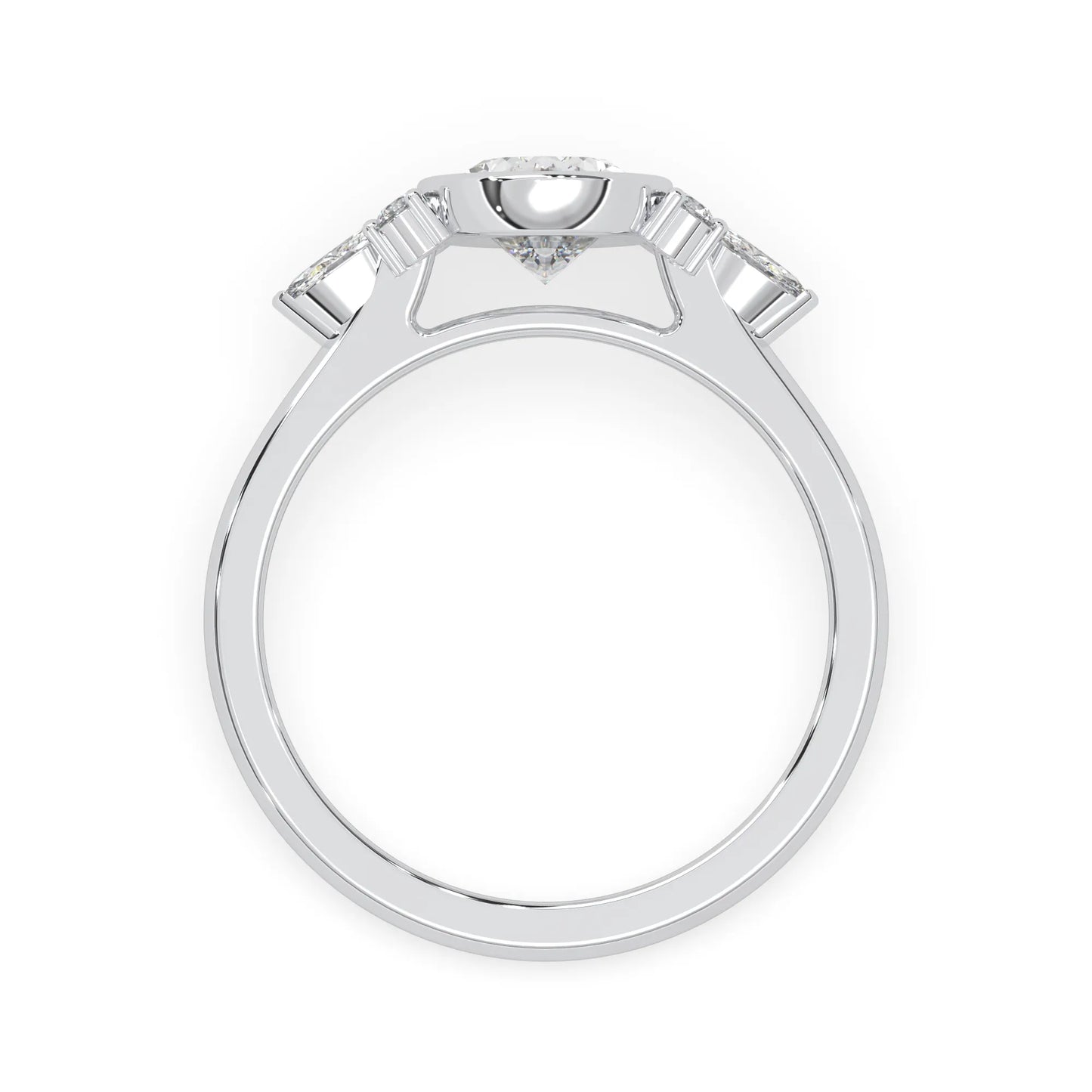 bezel set oval lab grown diamond seven stone floral engagement ring with marquise and round side diamonds in white gold