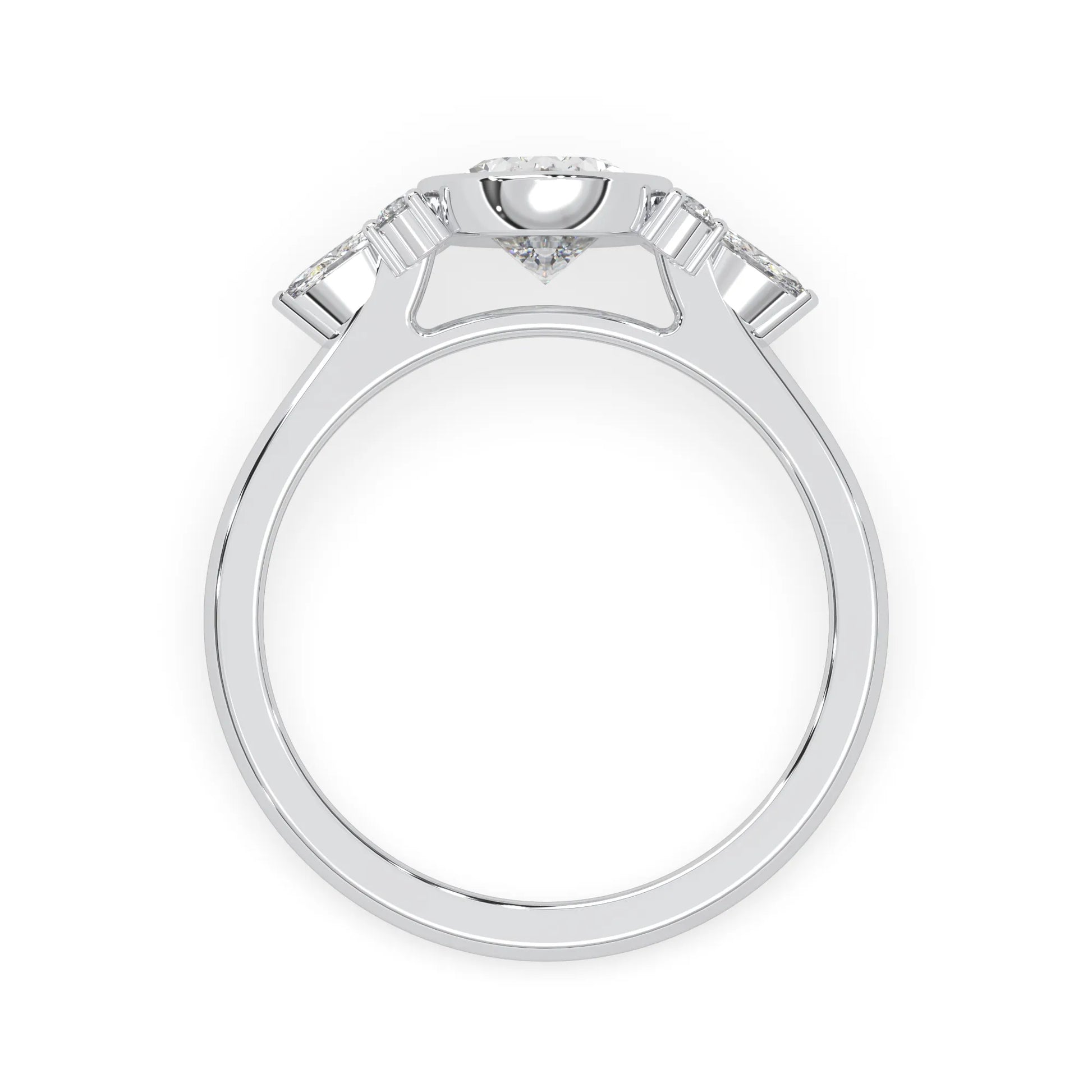 bezel set oval lab grown diamond seven stone floral engagement ring with marquise and round side diamonds in white gold