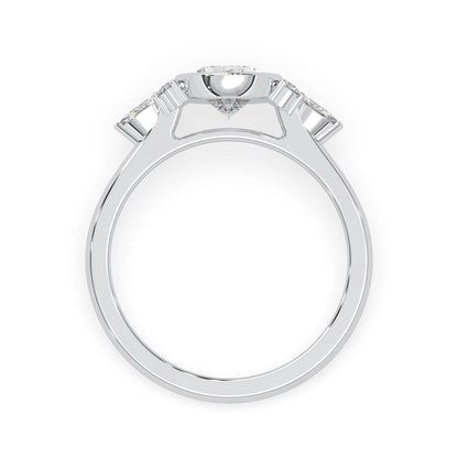 bezel set oval lab grown diamond seven stone floral engagement ring with marquise and round side diamonds in white gold