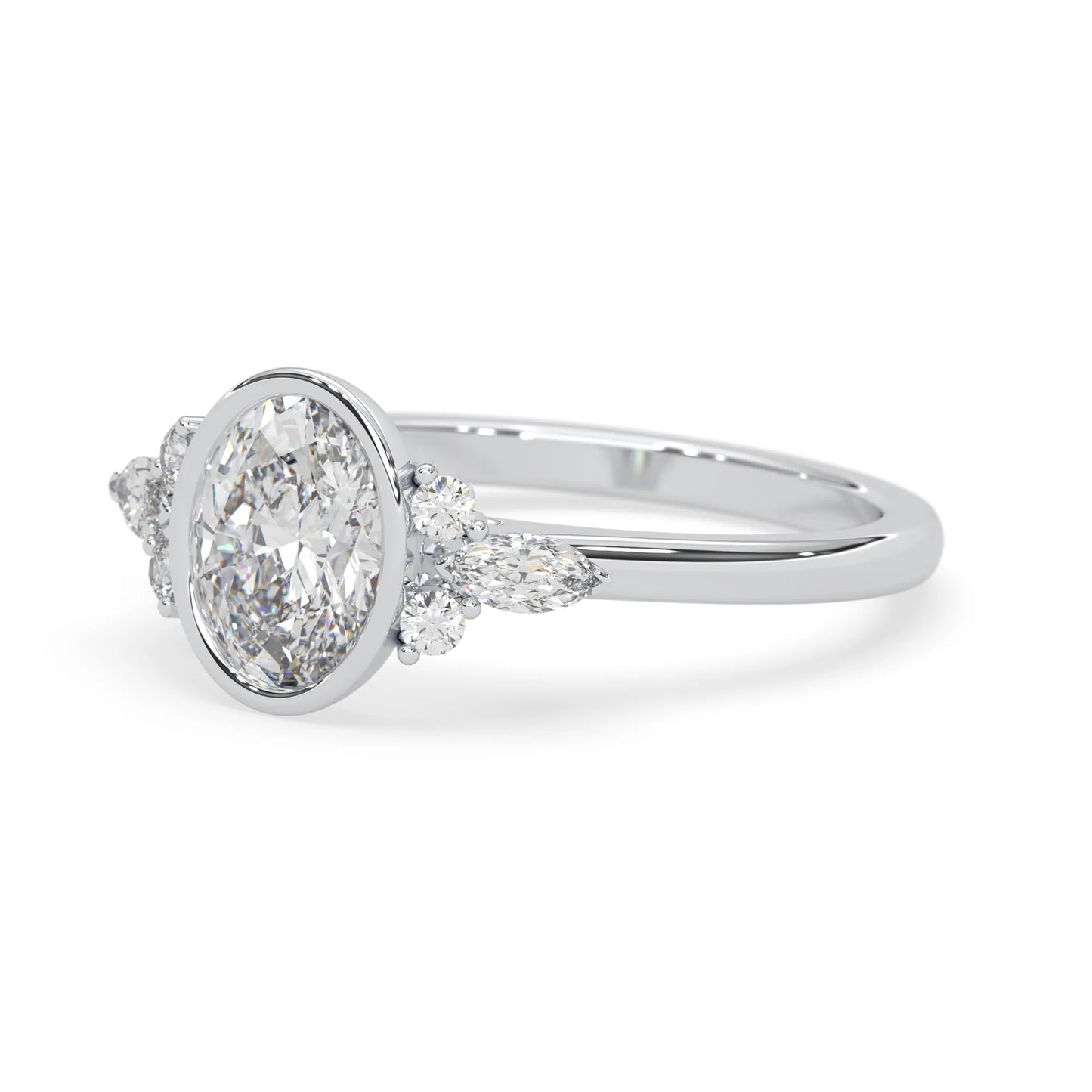 bezel set oval lab grown diamond seven stone floral engagement ring with marquise and round side diamonds in white gold