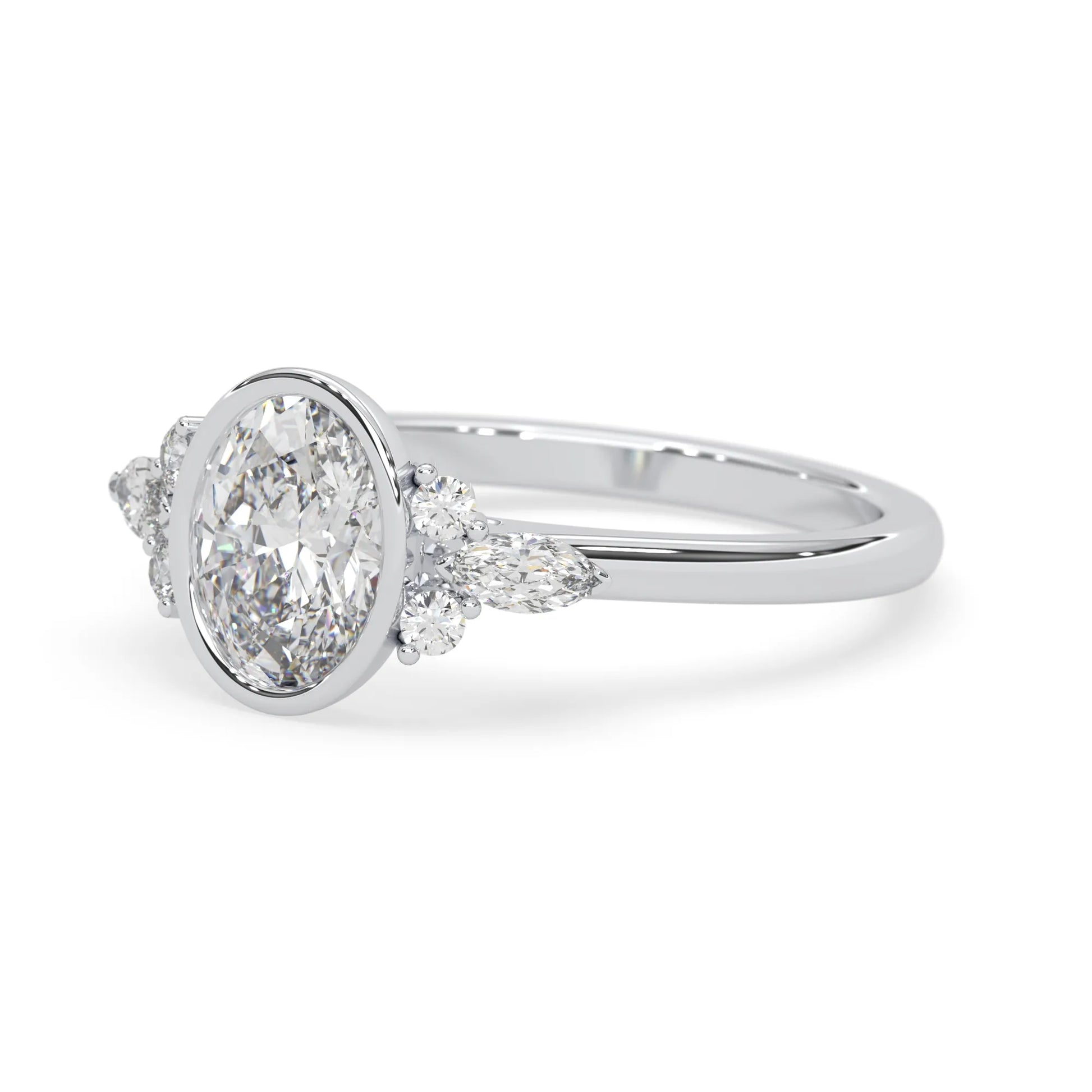 bezel set oval lab grown diamond seven stone floral engagement ring with marquise and round side diamonds in white gold