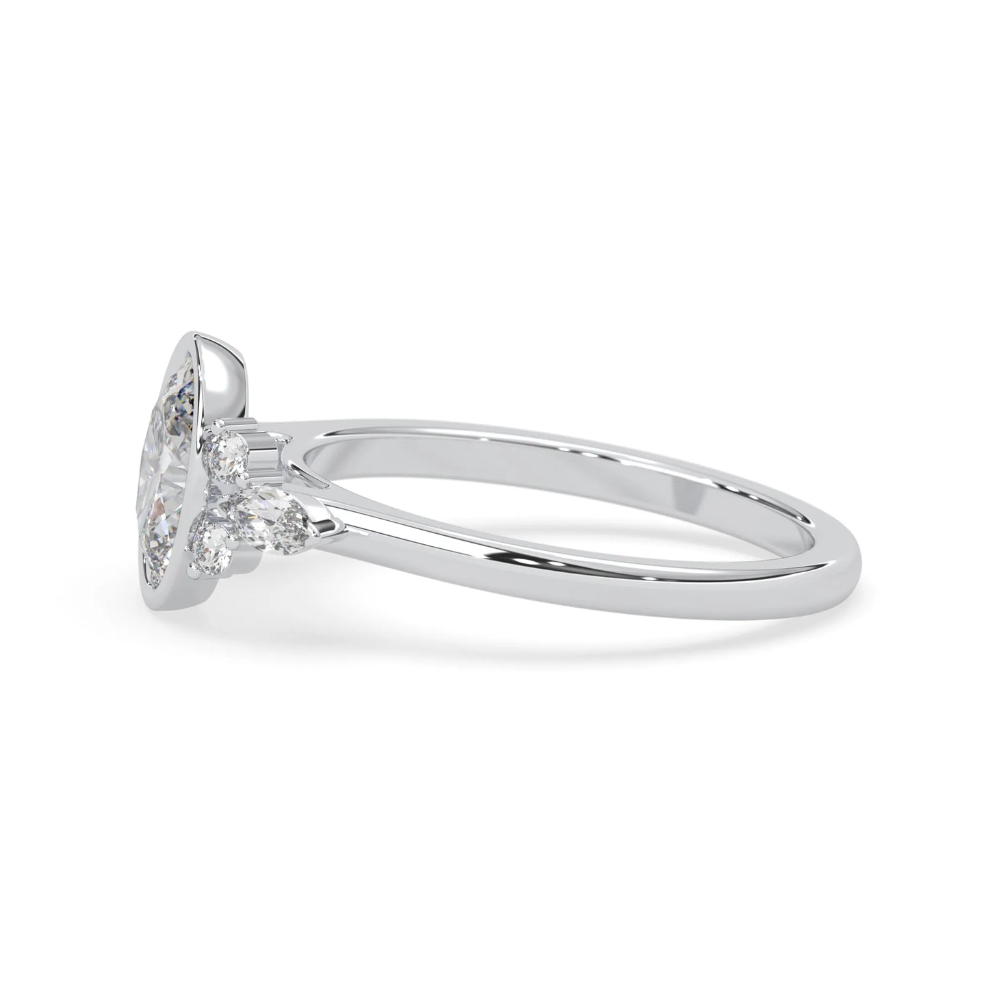 bezel set oval lab grown diamond seven stone floral engagement ring with marquise and round side diamonds in white gold