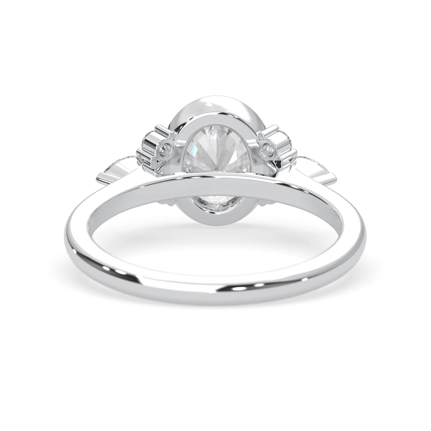 bezel set oval lab grown diamond seven stone floral engagement ring with marquise and round side diamonds in white gold