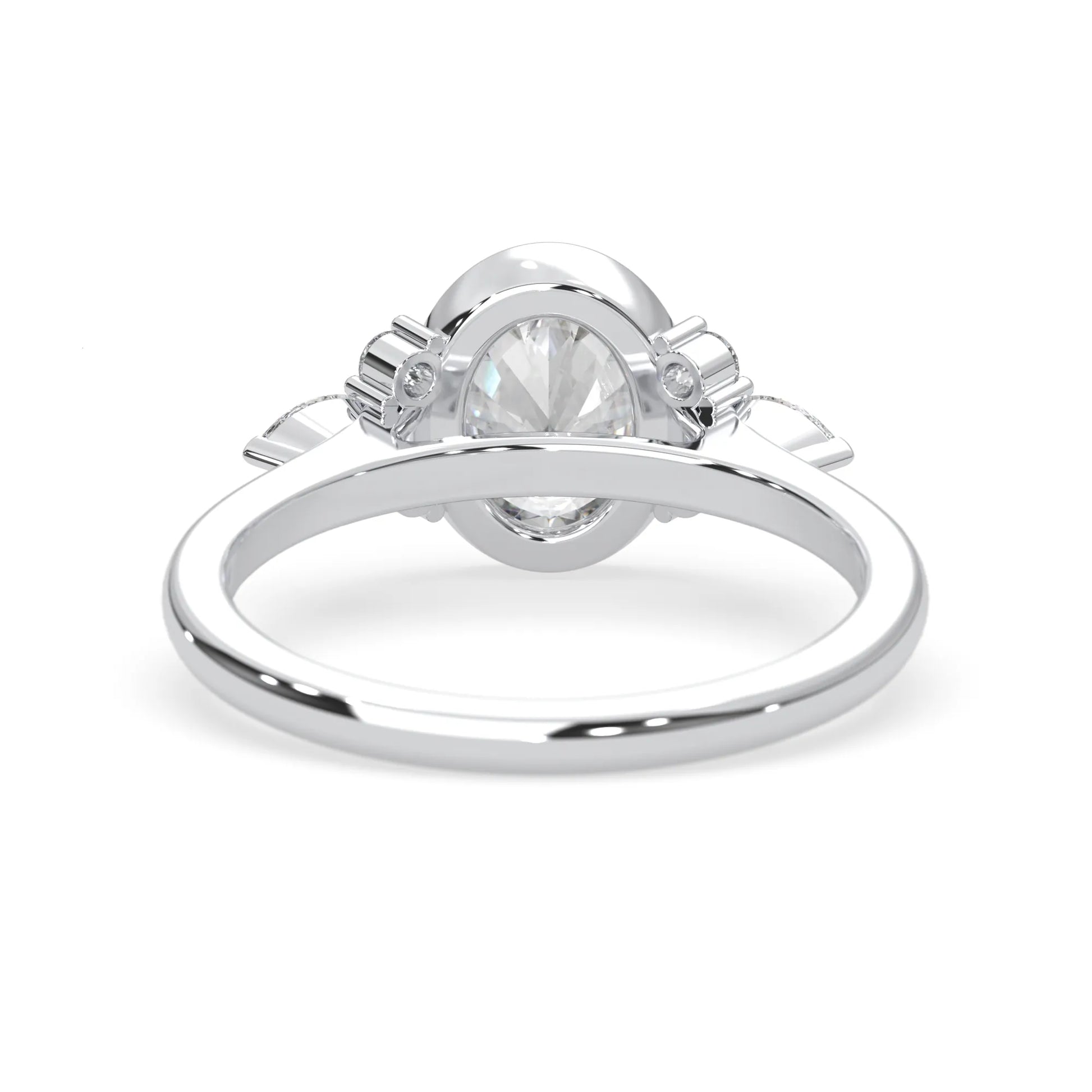 bezel set oval lab grown diamond seven stone floral engagement ring with marquise and round side diamonds in white gold