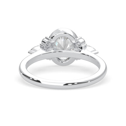 bezel set oval lab grown diamond seven stone floral engagement ring with marquise and round side diamonds in white gold
