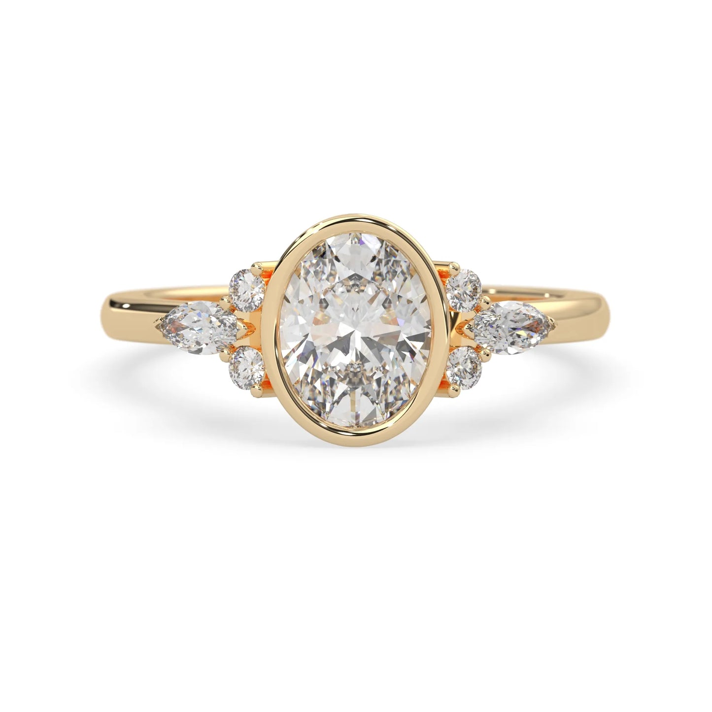 bezel set oval lab grown diamond seven stone floral engagement ring with marquise and round side diamonds in yellow gold