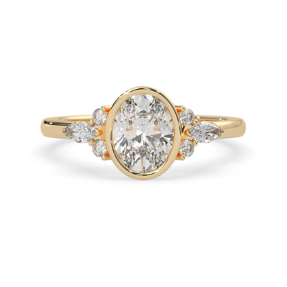 bezel set oval lab grown diamond seven stone floral engagement ring with marquise and round side diamonds in yellow gold