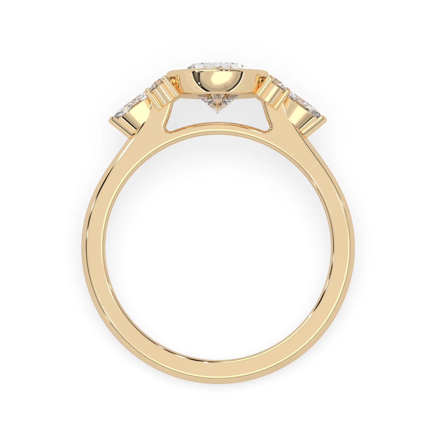 bezel set oval lab grown diamond seven stone floral engagement ring with marquise and round side diamonds in yellow gold