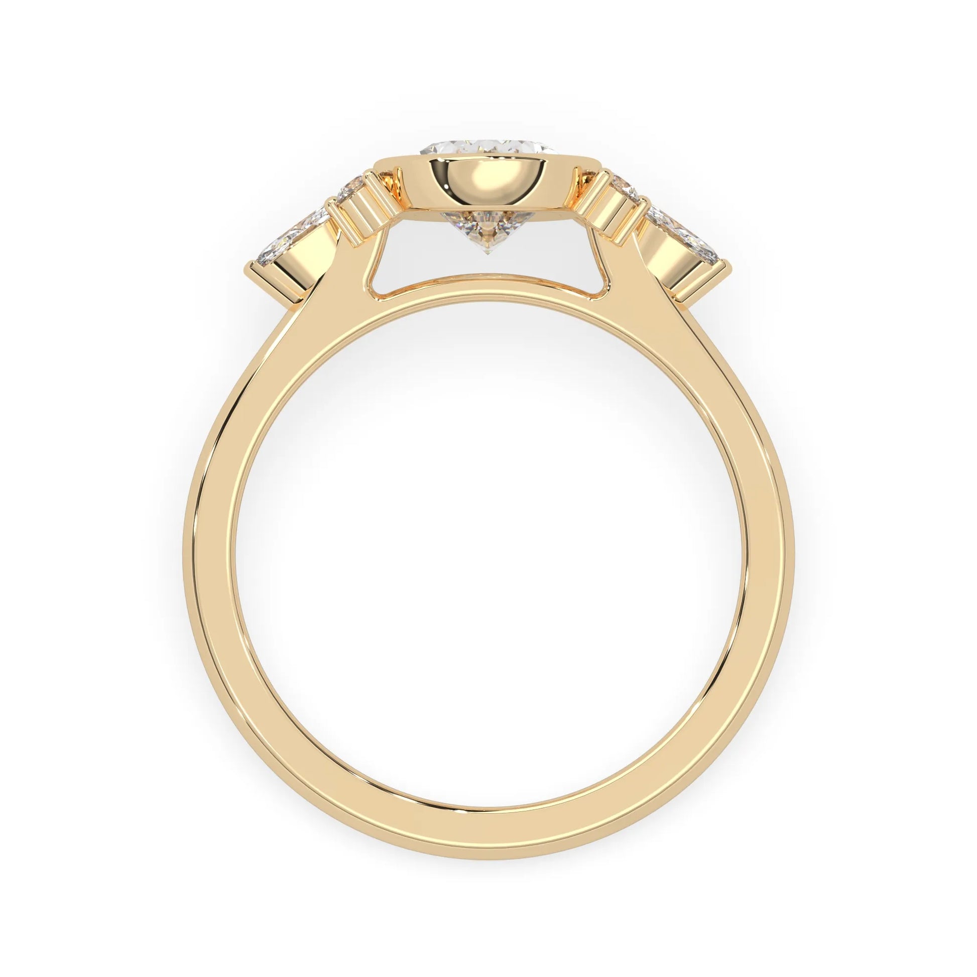 bezel set oval lab grown diamond seven stone floral engagement ring with marquise and round side diamonds in yellow gold