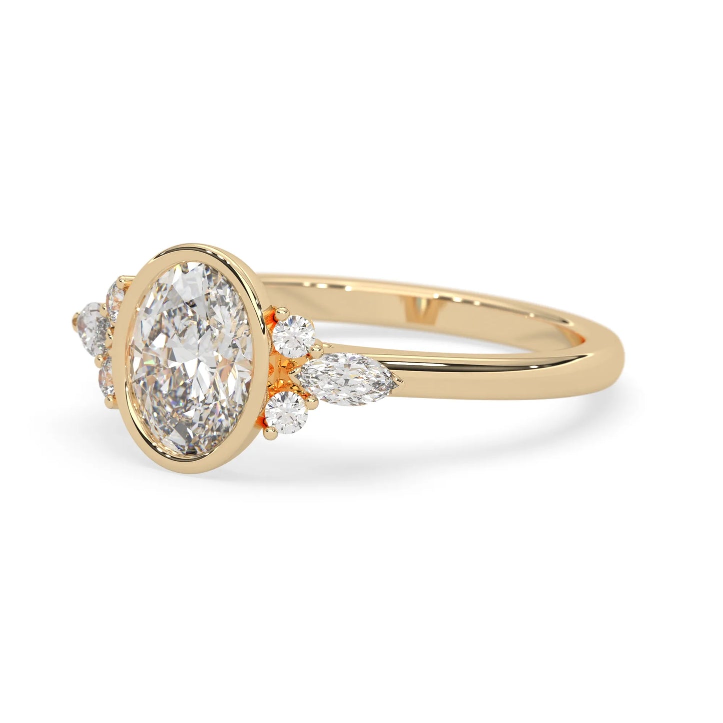 bezel set oval lab grown diamond seven stone floral engagement ring with marquise and round side diamonds in yellow gold