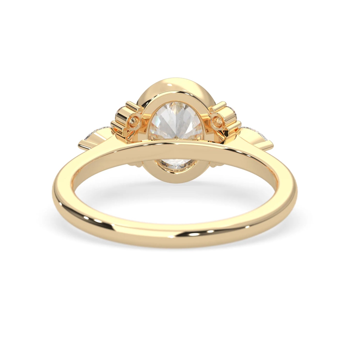 bezel set oval lab grown diamond seven stone floral engagement ring with marquise and round side diamonds in yellow gold