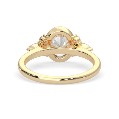 bezel set oval lab grown diamond seven stone floral engagement ring with marquise and round side diamonds in yellow gold