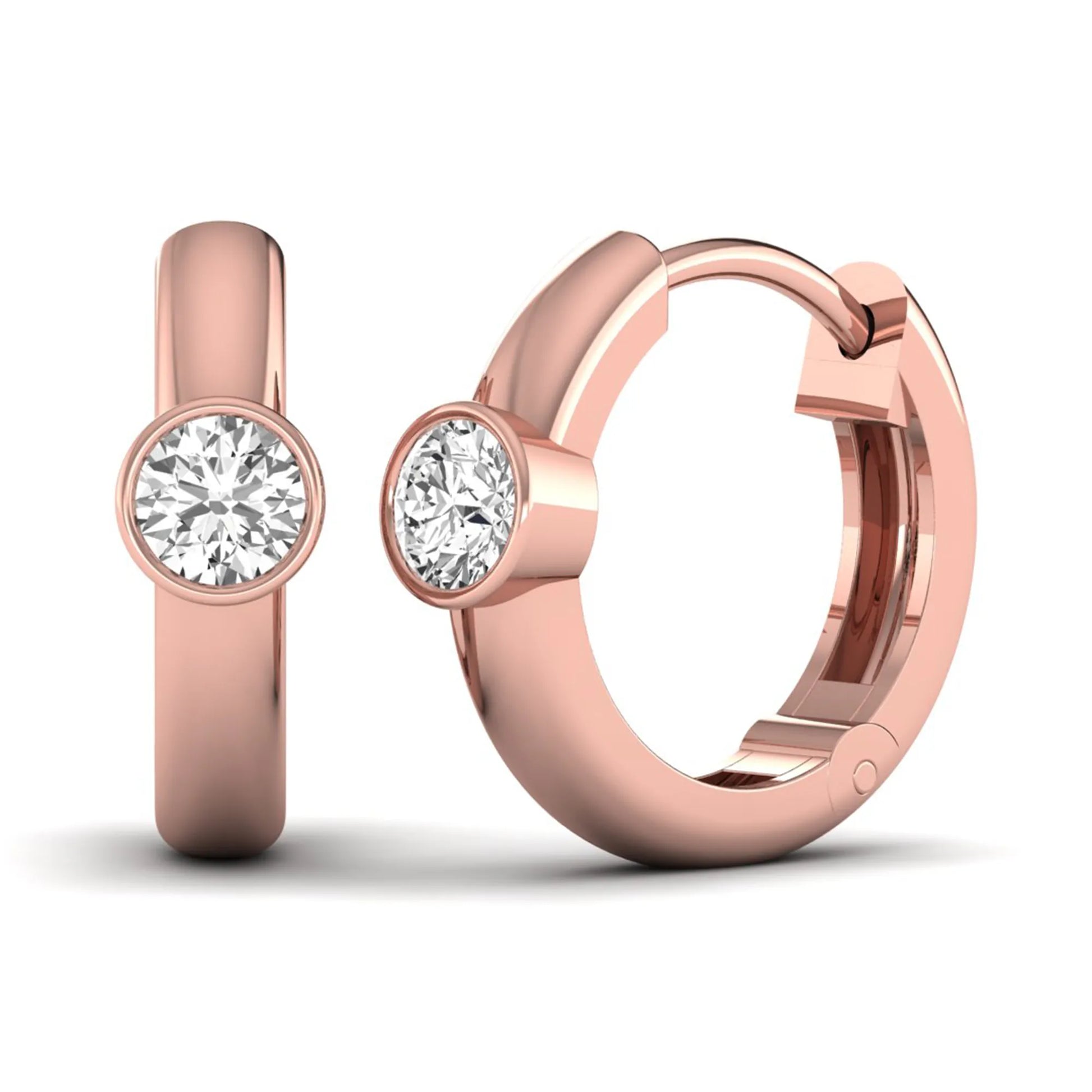 Bezel set round cut lab grown diamond huggie hoop earrings featuring a hinged snap closure and polished rose gold design.