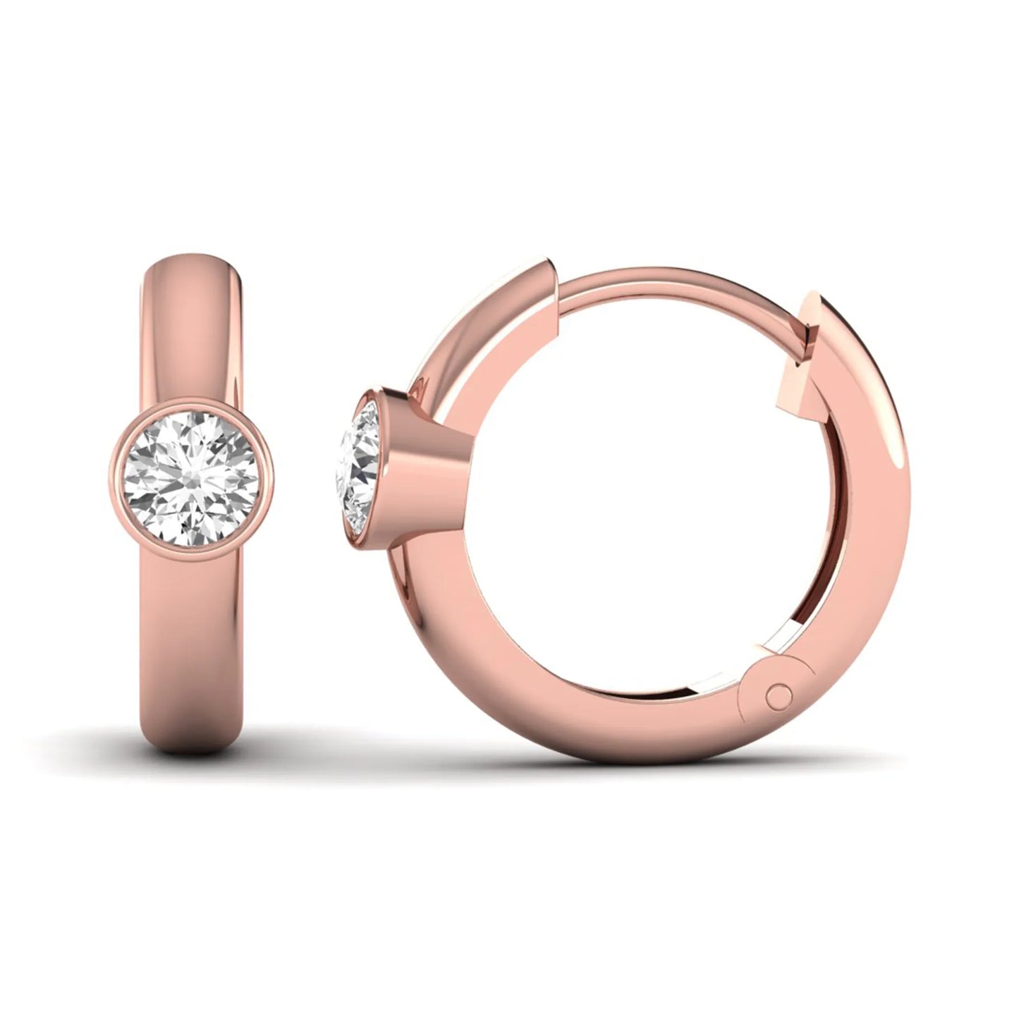 Bezel set round cut lab grown diamond huggie hoop earrings featuring a hinged snap closure and polished rose gold design.