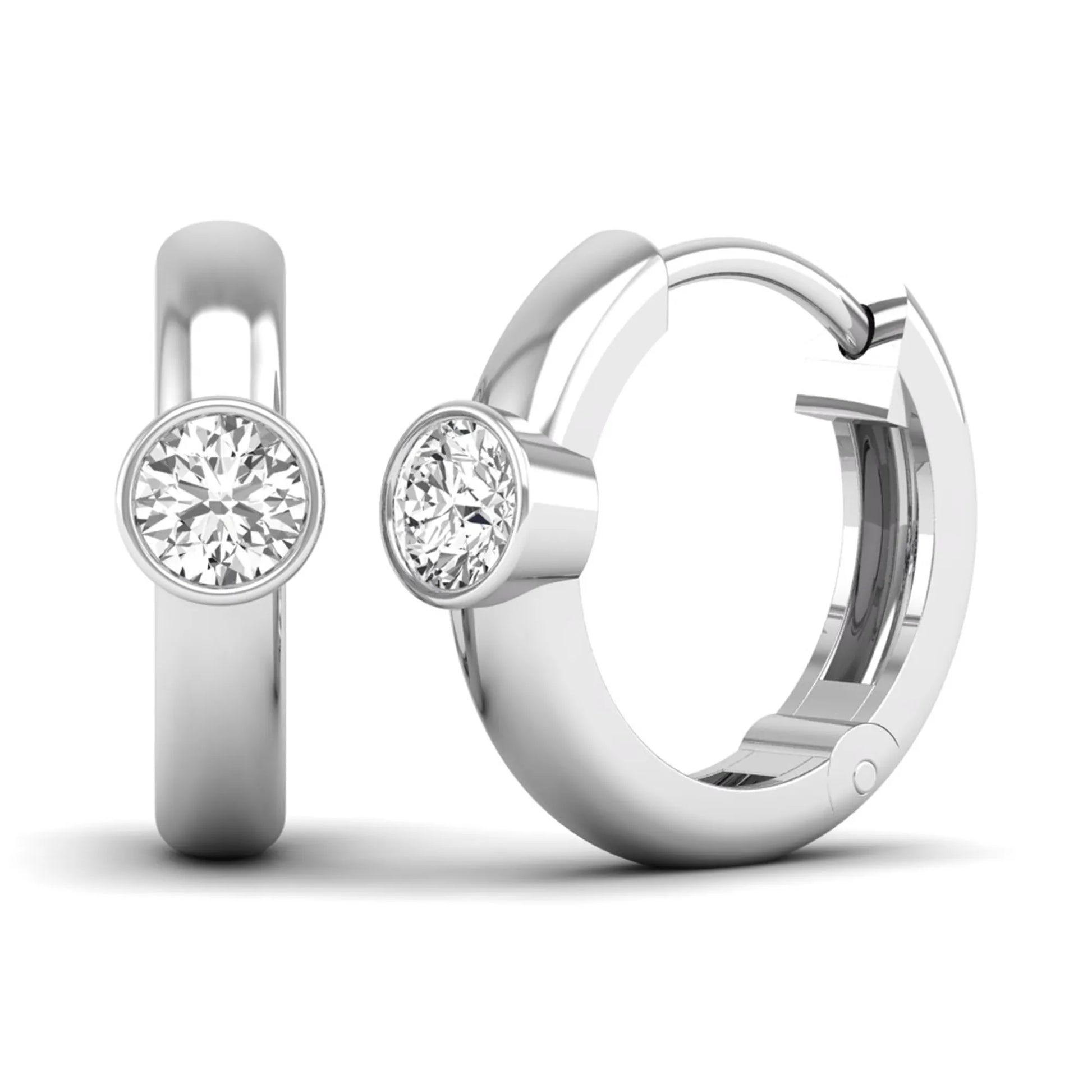 Bezel set round cut lab grown diamond huggie hoop earrings featuring a hinged snap closure and polished white gold design.