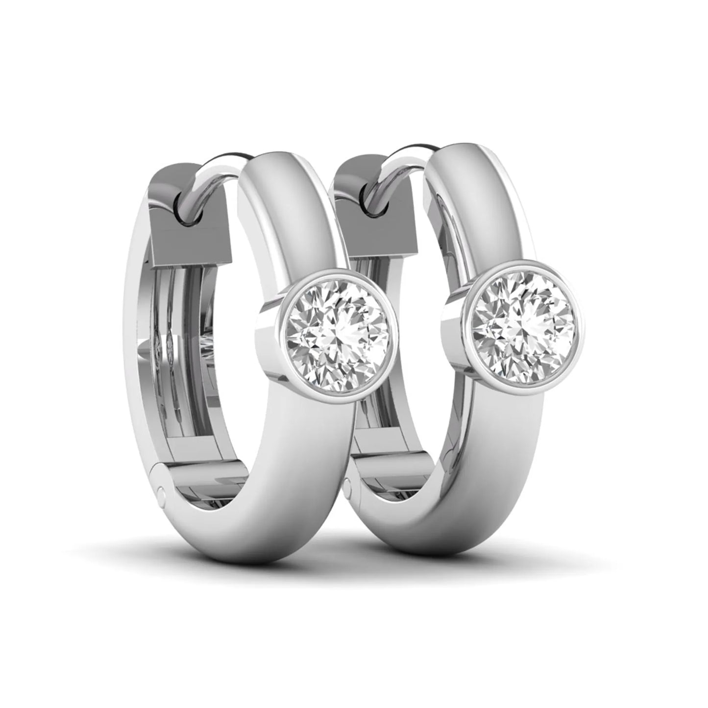 Bezel set round cut lab grown diamond huggie hoop earrings featuring a hinged snap closure and polished white gold design.