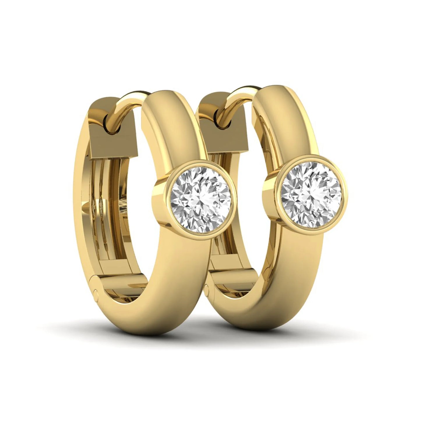 Bezel set round cut lab grown diamond huggie hoop earrings featuring a hinged snap closure and polished yellow gold design.