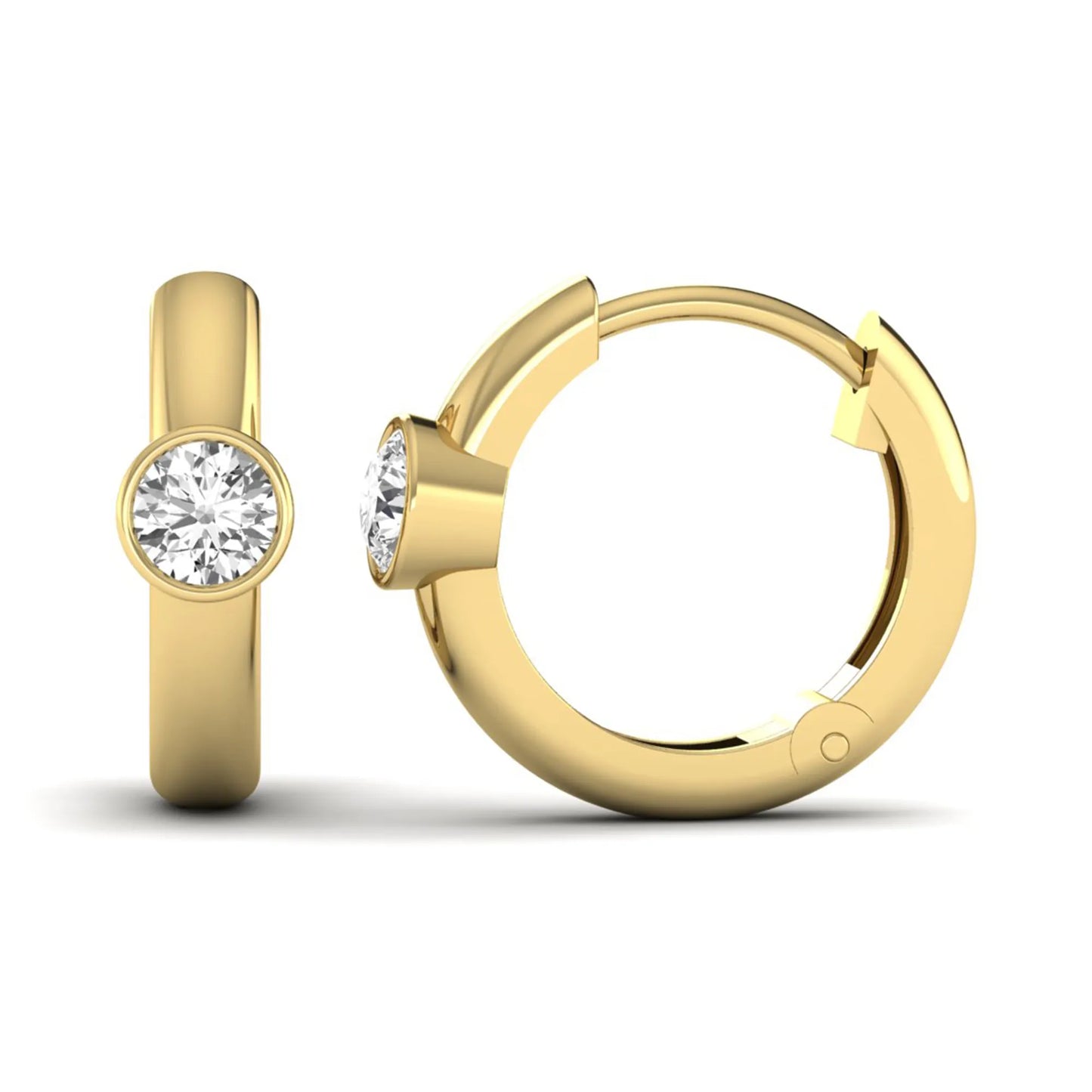 Bezel set round cut lab grown diamond huggie hoop earrings featuring a hinged snap closure and polished yellow gold design.