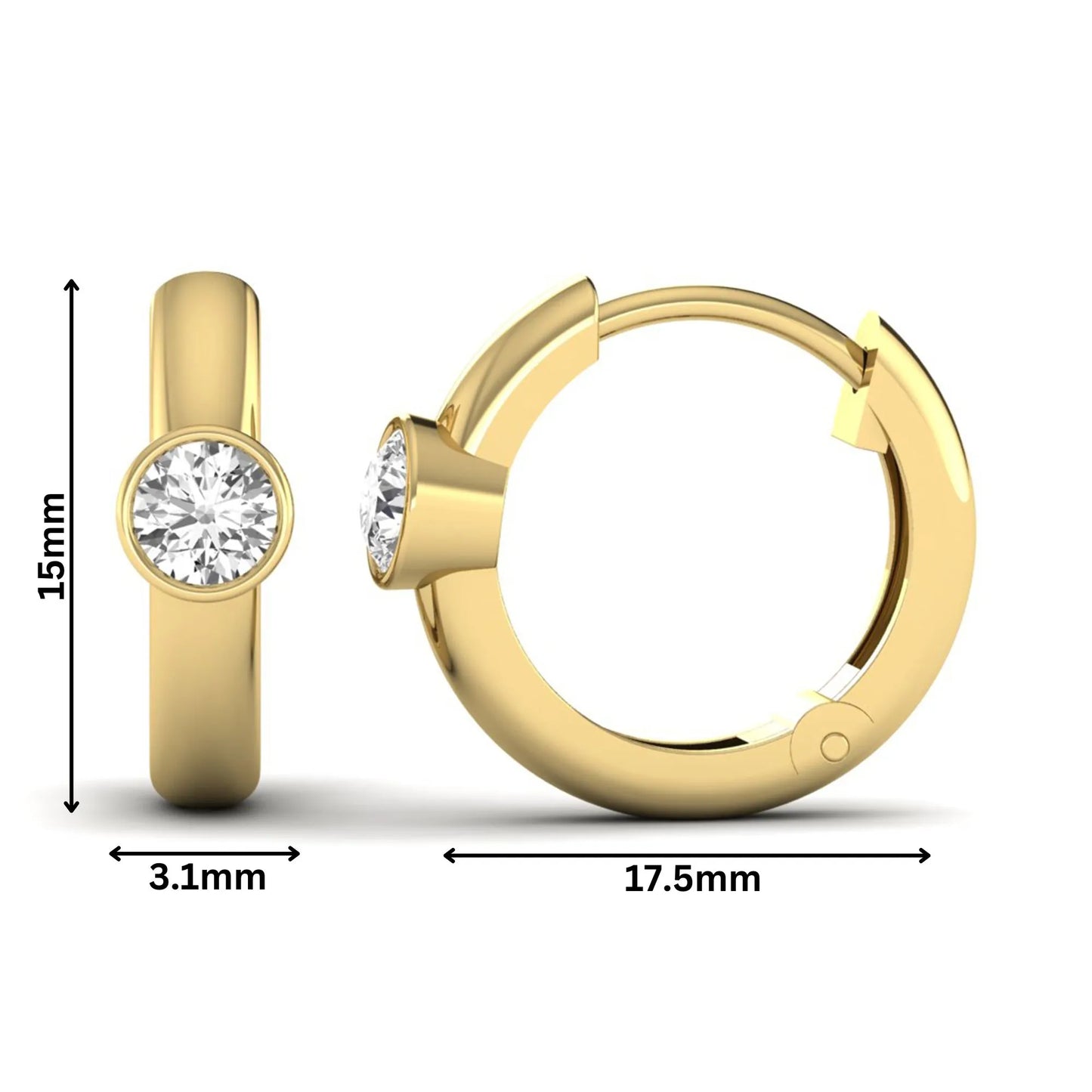 Bezel set round cut lab grown diamond huggie hoop earrings featuring a hinged snap closure and polished yellow gold design.