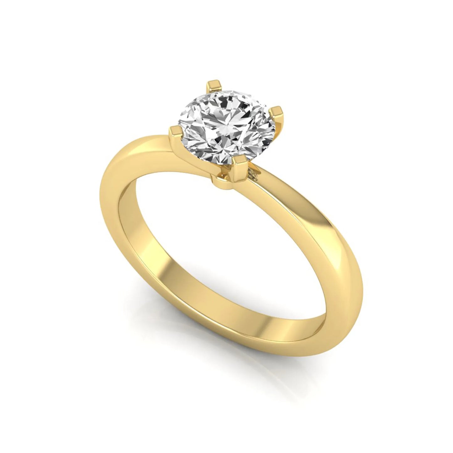 Classic round lab grown diamond solitaire engagement ring featuring a 0.68 carat IGI certified round cut diamond in a timeless four-prong yellow gold setting.