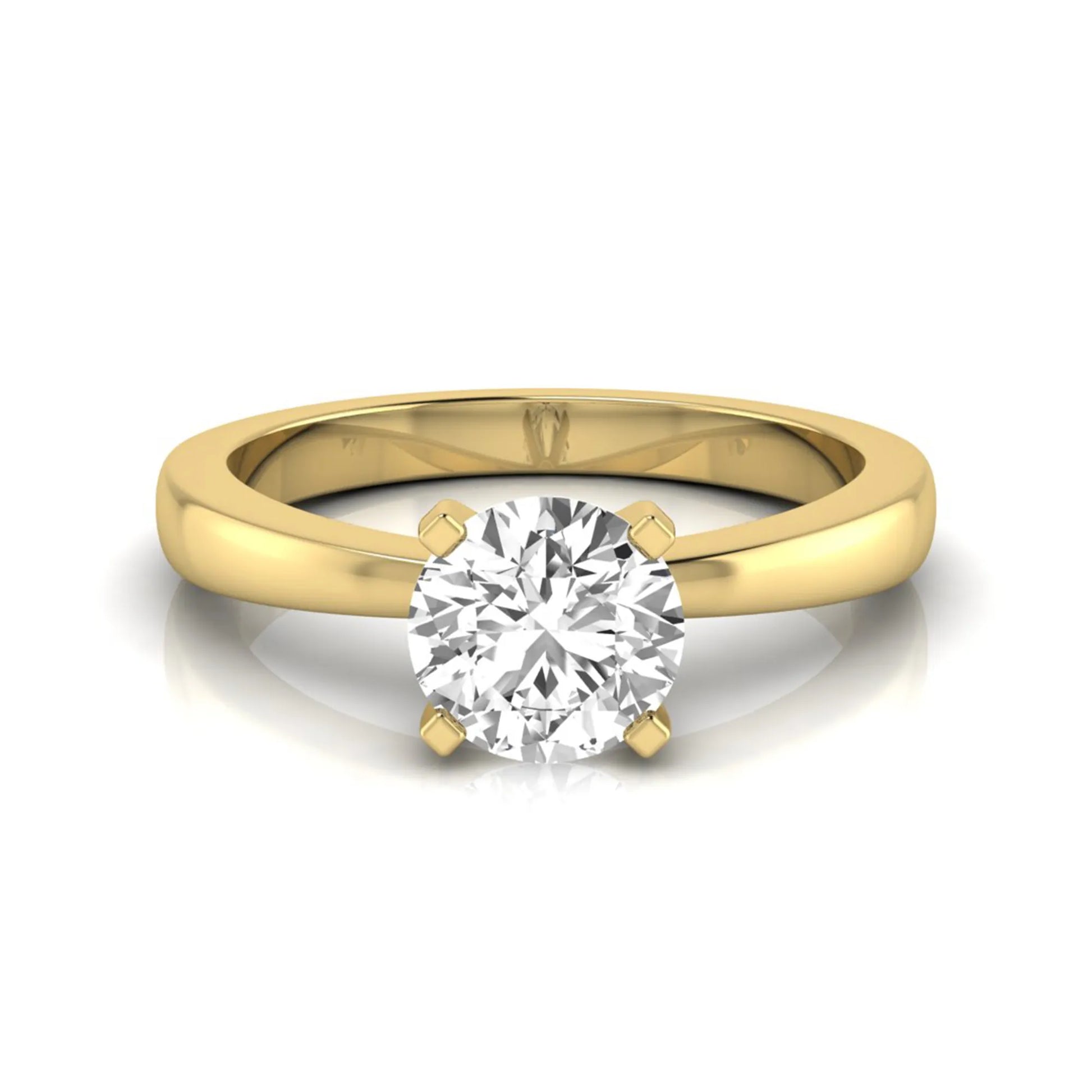 Classic round lab grown diamond solitaire engagement ring featuring a 0.68 carat IGI certified round cut diamond in a timeless four-prong yellow gold setting.