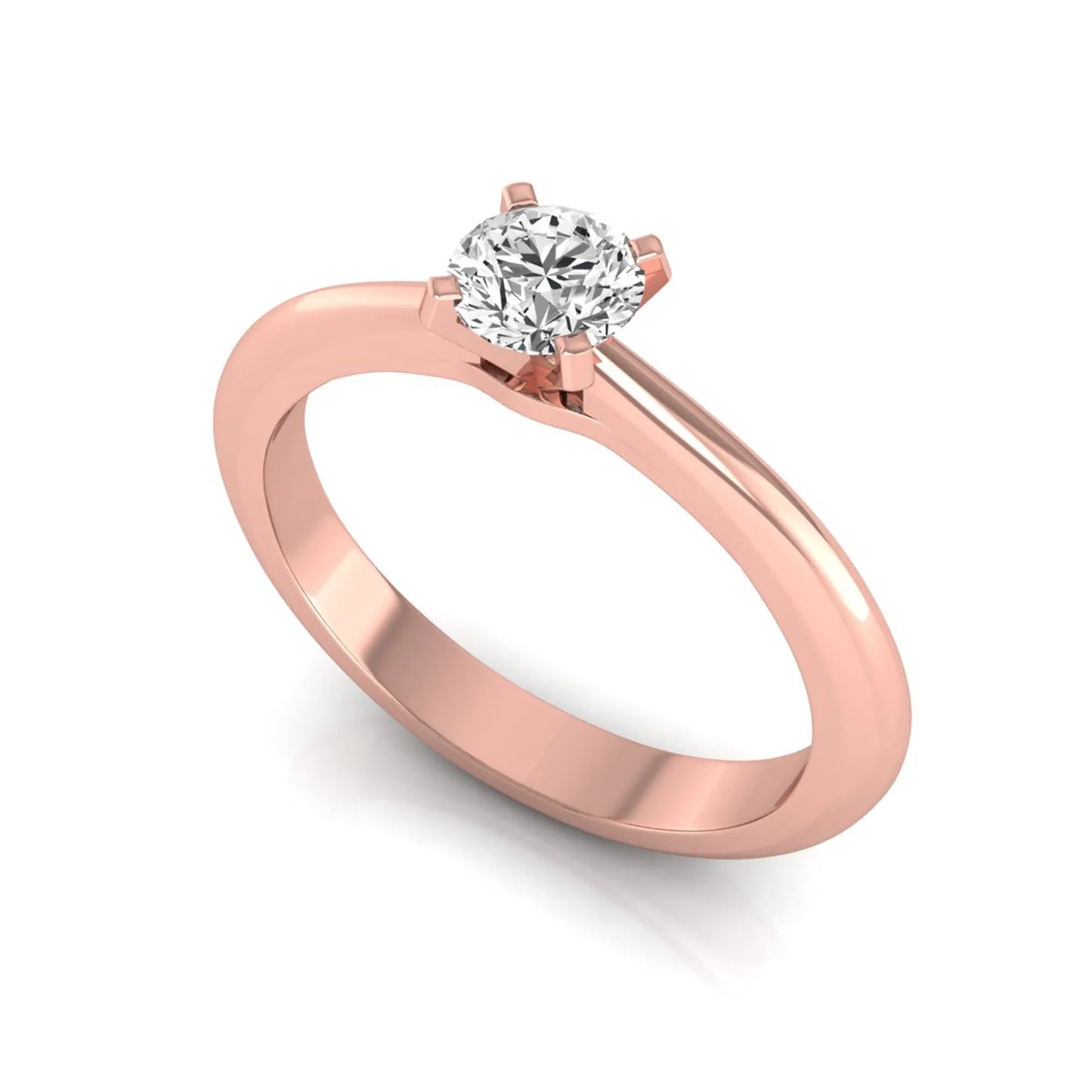 Classic round lab grown diamond solitaire engagement ring with a four-prong setting in rose gold.