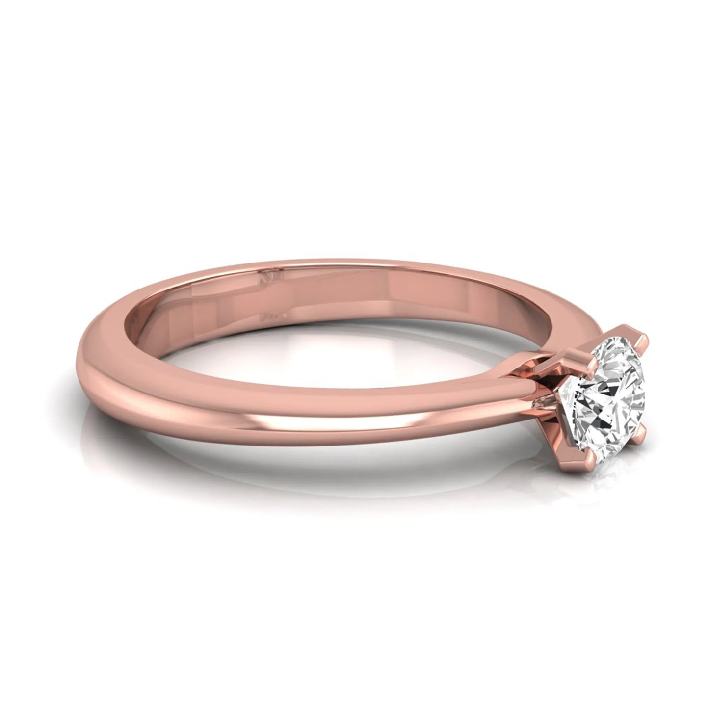Classic round lab grown diamond solitaire engagement ring with a four-prong setting in rose gold.