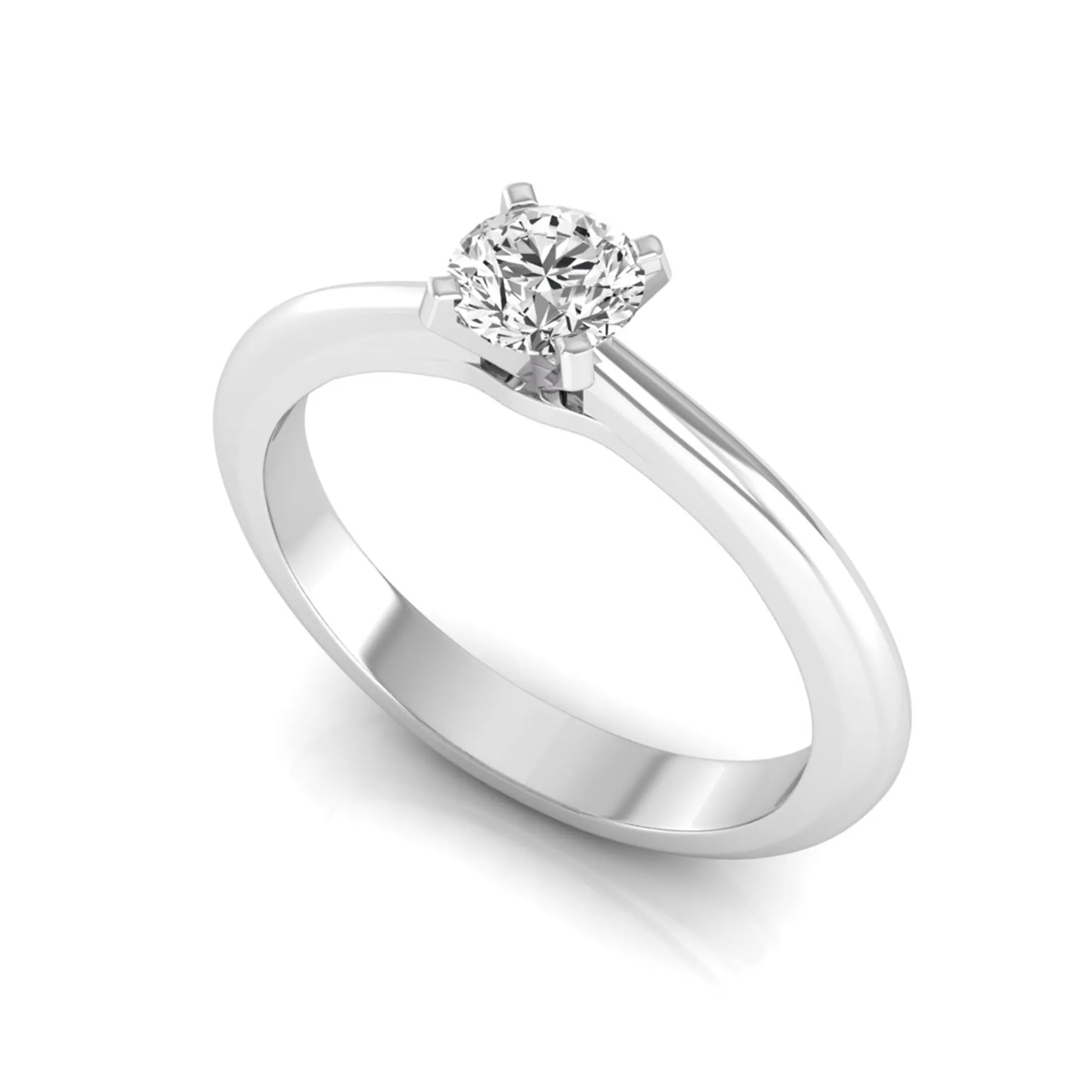 Classic round lab grown diamond solitaire engagement ring with a four-prong setting in white gold.