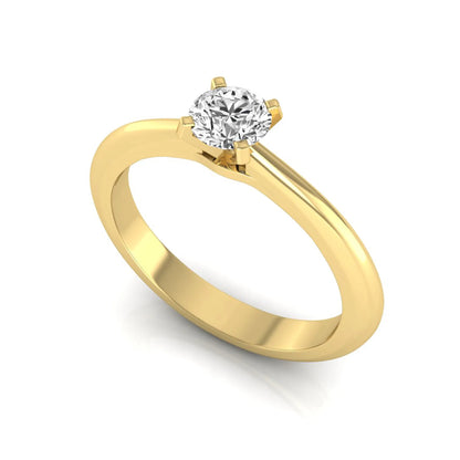 Classic round lab grown diamond solitaire engagement ring with a four-prong setting in yellow gold.