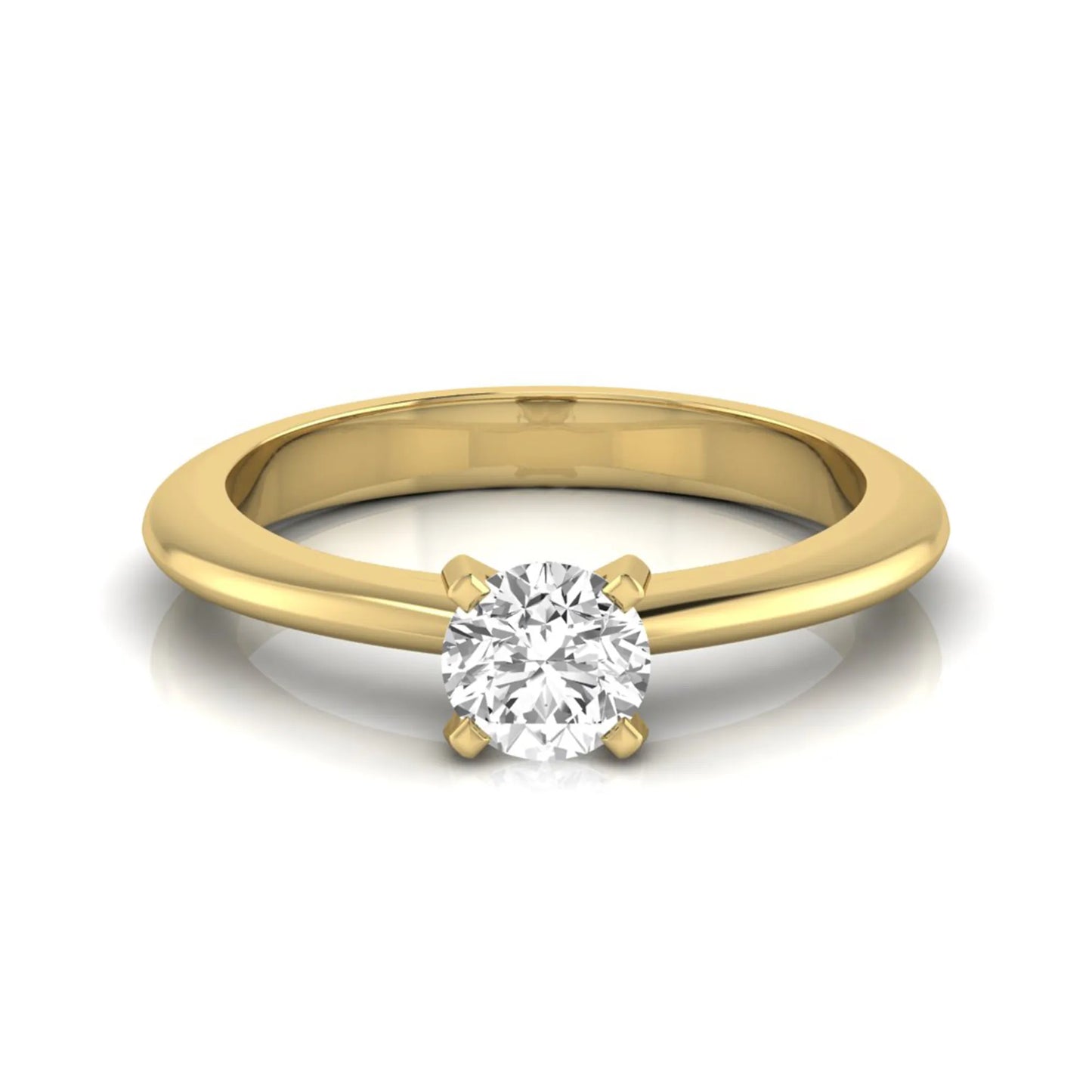 Classic round lab grown diamond solitaire engagement ring with a four-prong setting in yellow gold.