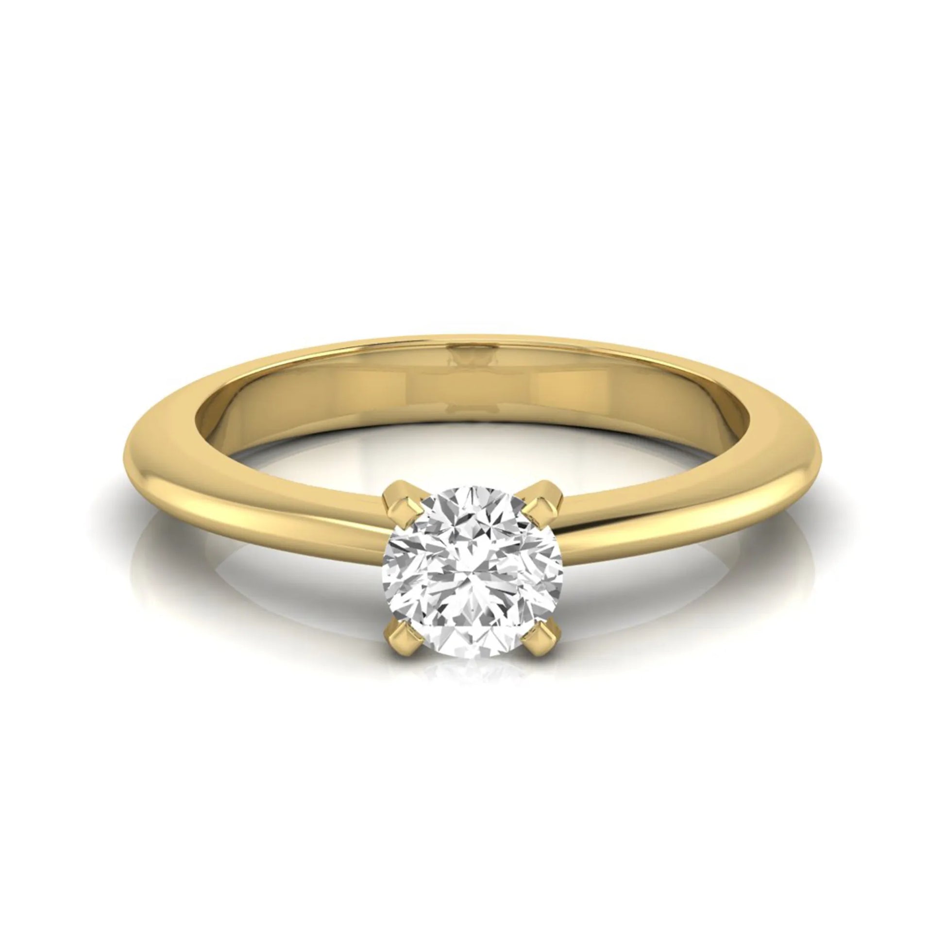 Classic round lab grown diamond solitaire engagement ring with a four-prong setting in yellow gold.