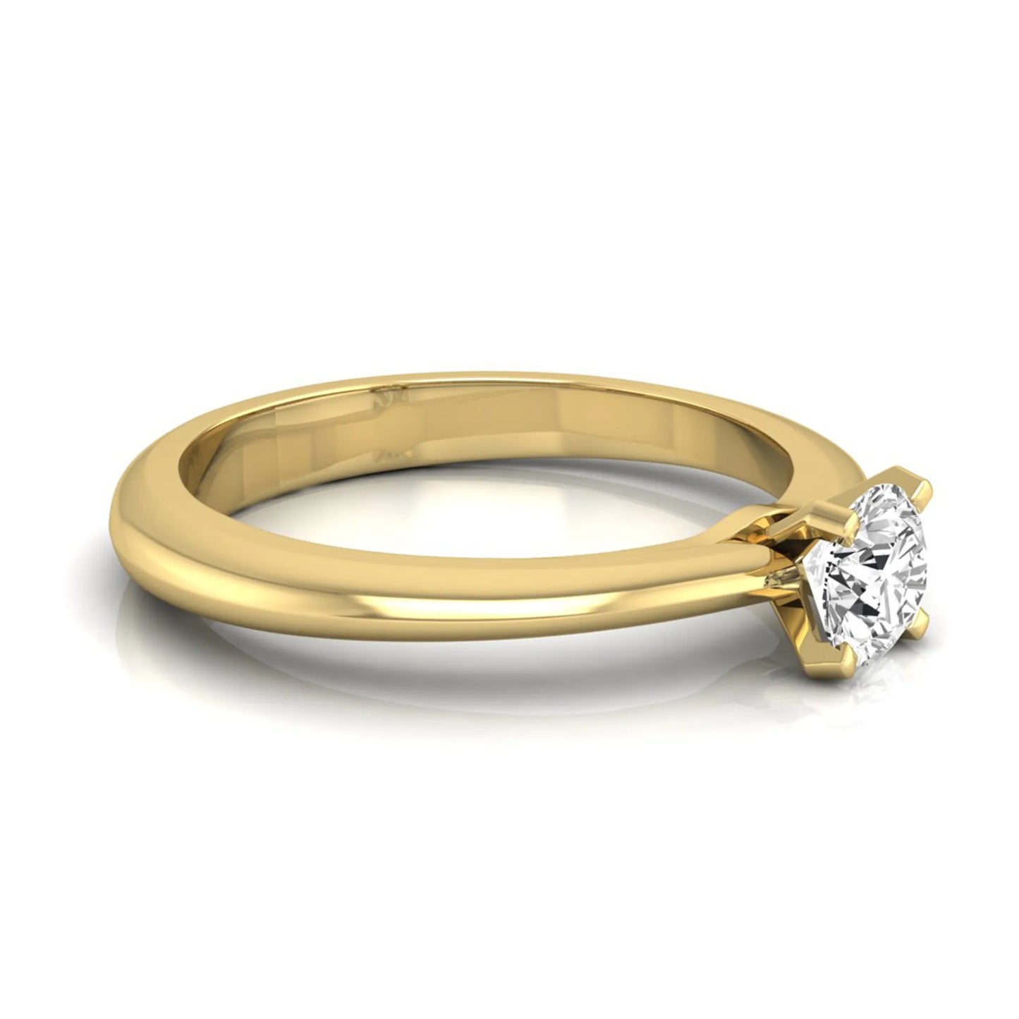 Classic round lab grown diamond solitaire engagement ring with a four-prong setting in yellow gold.