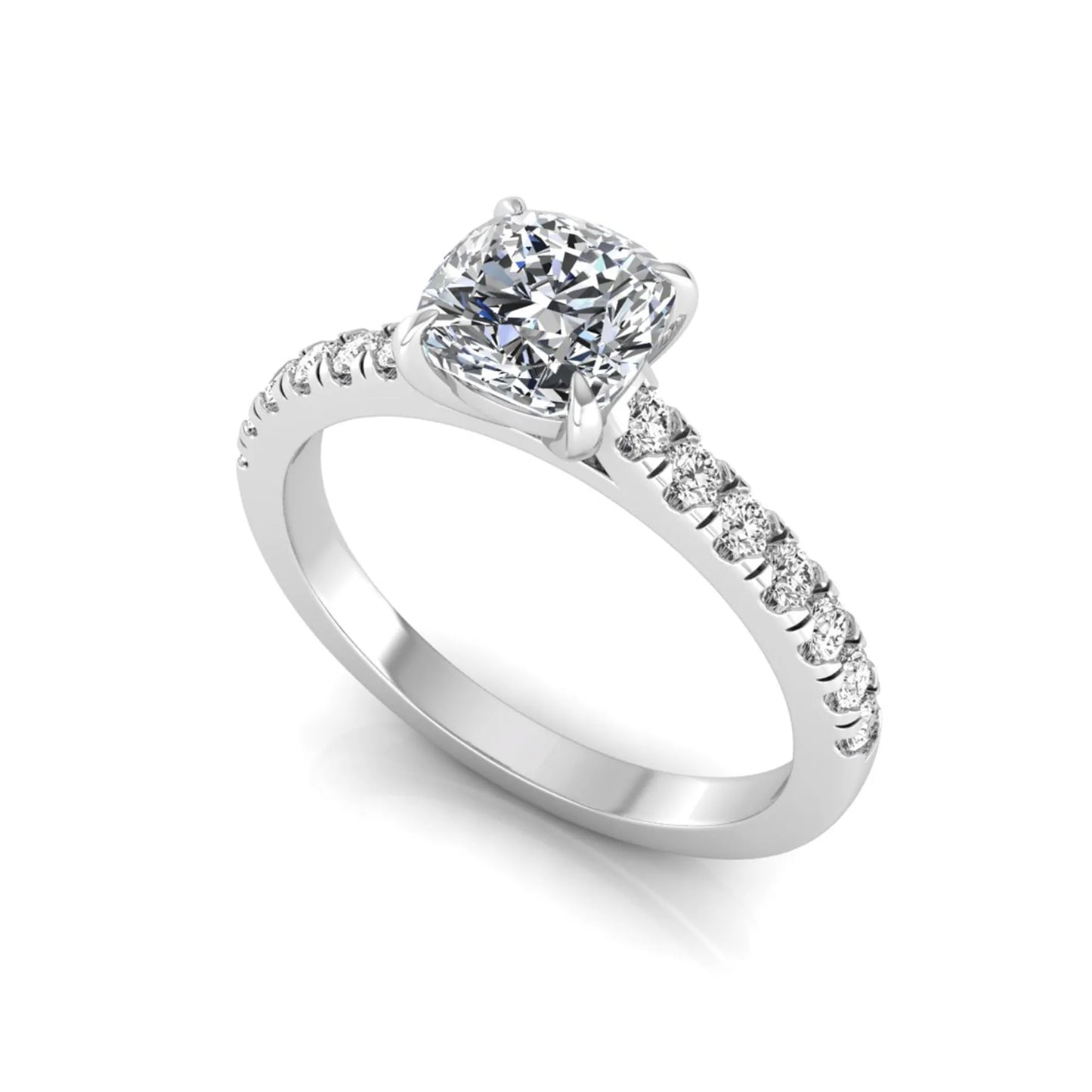 Cushion cut lab grown diamond engagement ring featuring a 1.03 carat center diamond in a four-prong setting with round accent diamonds on a white gold design.